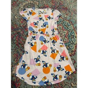 LuLaRoe Disney Donald Duck Dress 8 Pink Geometric Short Sleeve Pockets k7044